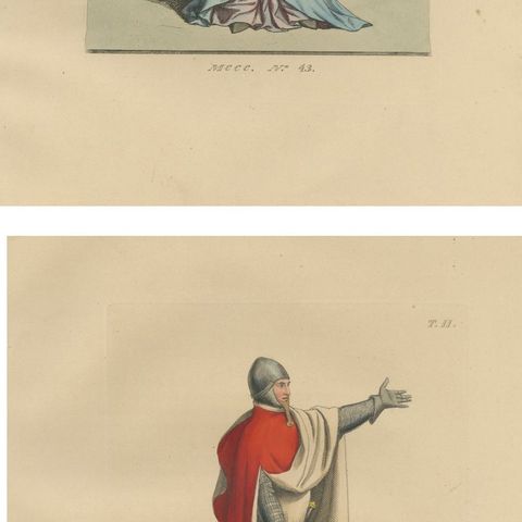 Six Medieval Costumes Hand-Colored Lithographs, France, Circa 1860, close-up 2