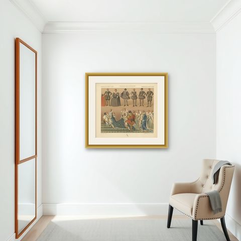Pl. 84 Antique Print of French XVI-XVIIth Century Costumes by Racinet circa 1880, shown framed in a room