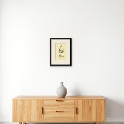Chief of a Tribe of New Zealand, Antique Wahlen Costume Print, 1843-1844, shown framed on a wall
