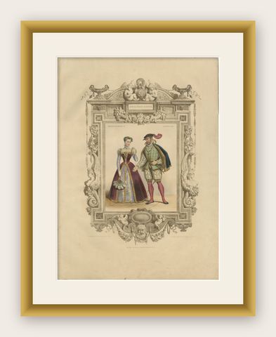 Henri II & Catherine de' Medici French Court Costume Lithograph, 1847, shown framed