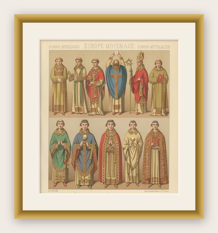 Medieval European Clergy Costumes by Racinet, Gothic Vestments, 1888, shown framed