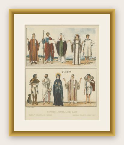 Early Christian Period Costume Plate, Antique Hand-Colored Print c.1880, shown framed