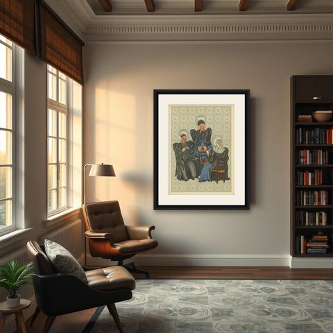 Rare 1932 Dutch Print: Huizen Women's Modern Dress with Lace Caps & Aprons, shown framed in a room