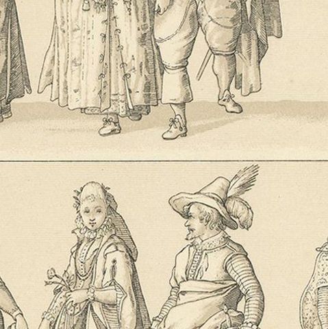 Pl. 59 Antique Print of European XVIth Century Costumes by Racinet, close-up 2