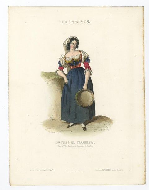 Old Hand-Colored Print Depicting a Young Lady from Tramulta, Italy, 1850, view 2