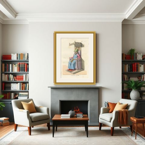 Medieval Elder in Throne c.1400s, Antique Costume Study Print, 1845, shown framed in a room