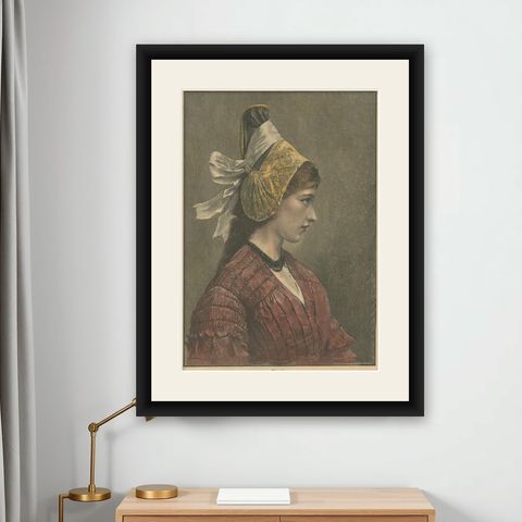 Linzerin, Austrian Folk Costume Print after Eduard Payer, ca. 1880, shown framed on a wall