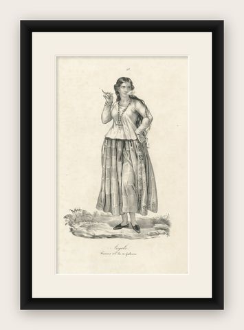 19th Century Guam Costume Lithograph, Angela, Smoking Woman from Gubam Island, shown framed