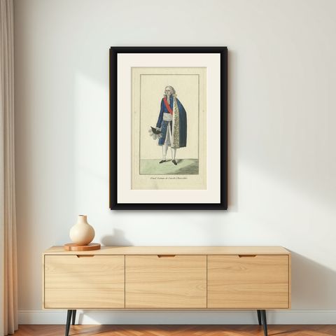 Antique Costume Print of a French Chancellor, circa 1810, shown framed on a wall