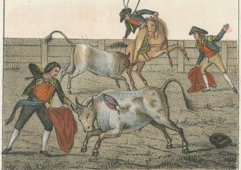 The Fandango Dance and a Spanish Bullfight, Hand Colored Lithograph, 1842, close-up 2