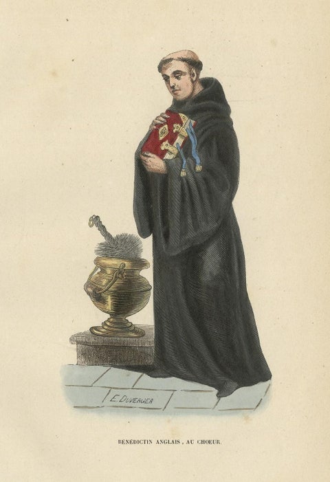 Antique Hand-colored Print of an English Benedictine in Choir Dress, 1845, close-up 1