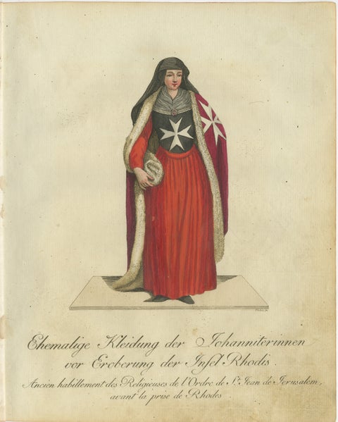 Pre-Rhodes Hospitaller Nun: 1791 Colored Engraving of Historic Ceremonial Dress, view 2