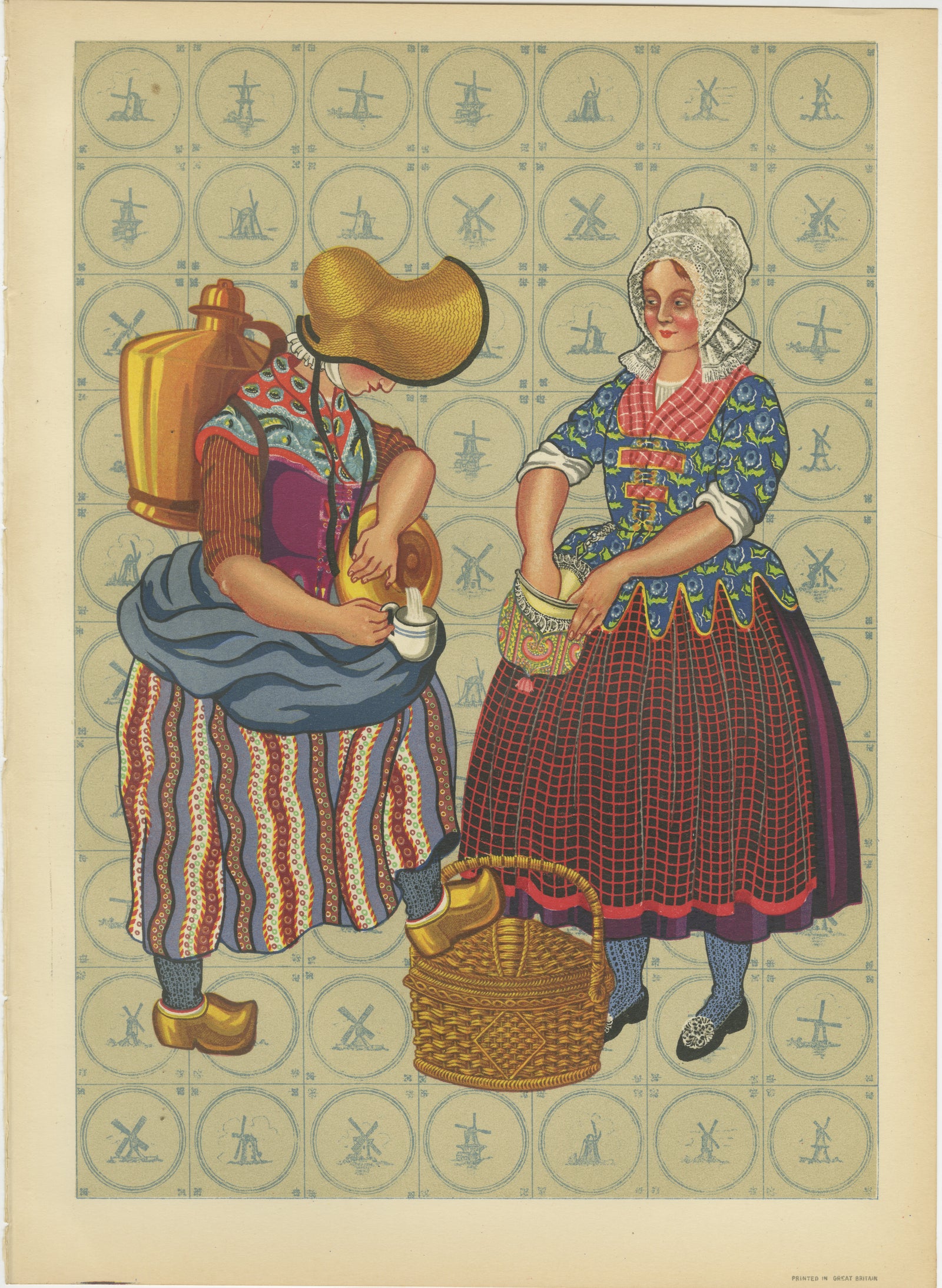 Early 19th c. Brabant Milkmaid & Townswoman in Folk Dress, Published in 1932