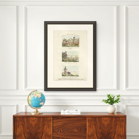 Antique Print of Warrior Costumes and Scenes of North America, '1845', shown framed on a wall