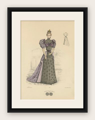 Victorian Evening Elegance: Opulent Fashion Lithograph Published in 1889, shown framed
