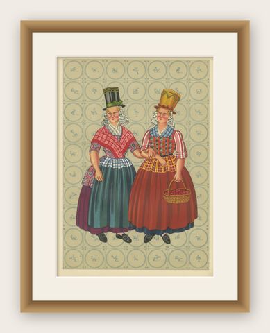 Chromolithograph of Frisian Women in Tall Sunday Hats and Checked Aprons, 1932, shown framed