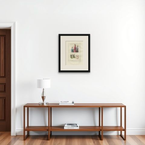 Antique Hand-Coloured Engraving of Chinese Costume & Footbinding, 1815, shown framed on a wall