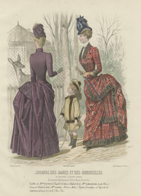 French Fashion Print, Tartan Dress & Child at Zoo, Hand-Colored, c.1887, close-up 1