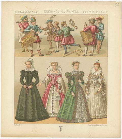 Pl. 82 Antique Print of European XVIth-XVII Century Costumes by Racinet, view 3