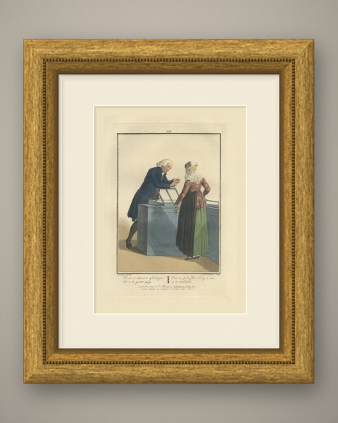 The Fixed Price, Shopkeeper and Customer, Dutch Costume Print, 1811, shown framed
