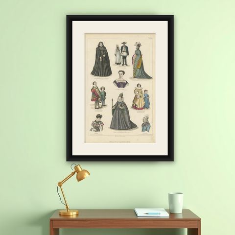 Antique Costume Print Including Costumes of France and Others, shown framed on a wall