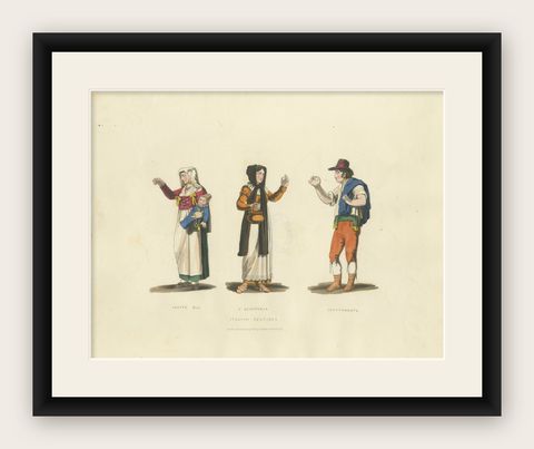 Italian Gestures: Traditional Costumes and Body Language, 1820s Engraving, shown framed
