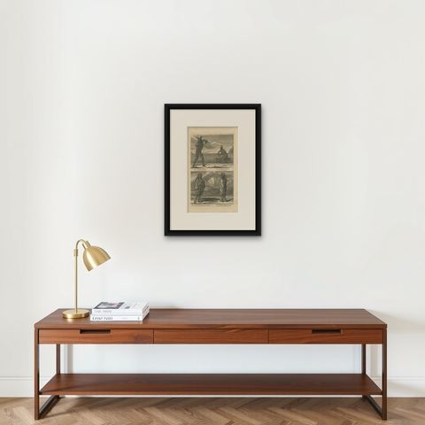 Inhabitants of California, Indigenous Dress and Daily Life Engraving, c1774, shown framed on a wall