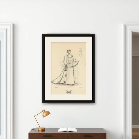 Opulent Fashions of the Victorian Era: Lithograph by L. Michau and M. de Solar, shown framed on a wall