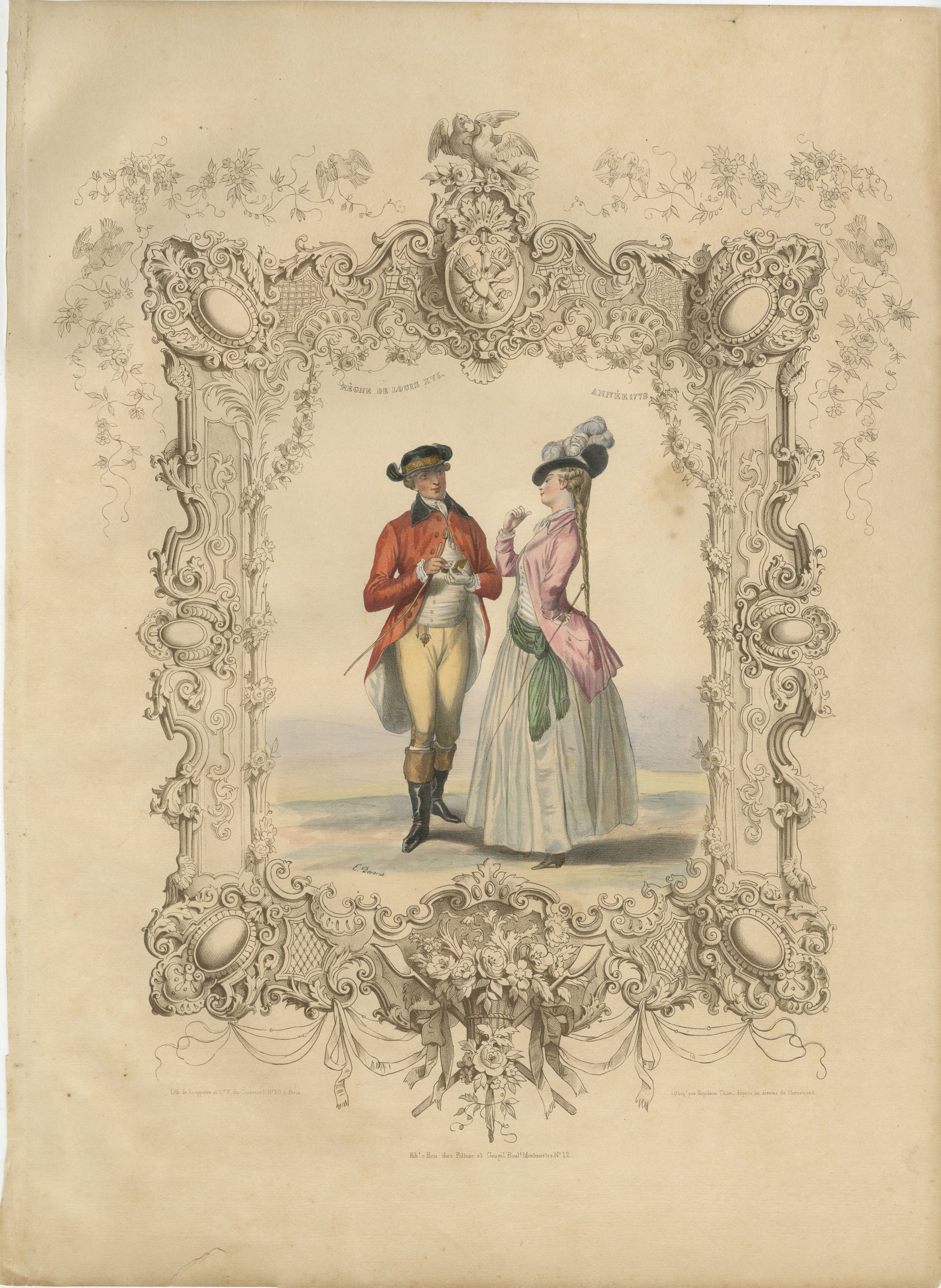 Louis XVI French Rococo Court Costume Lithograph, 1775, Published 1847