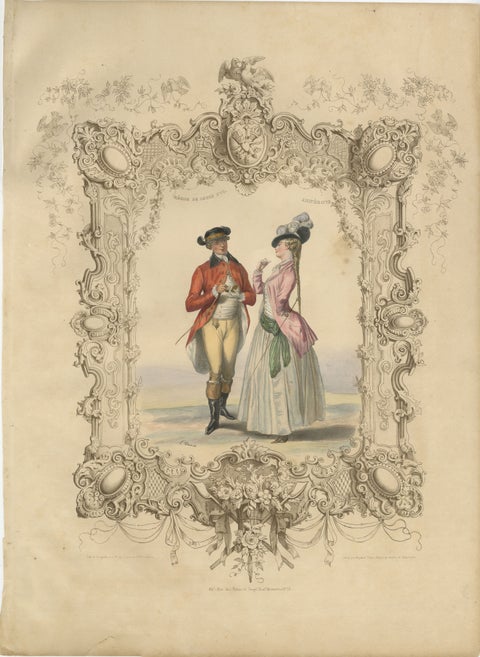 Louis XVI French Rococo Court Costume Lithograph, 1775, Published 1847