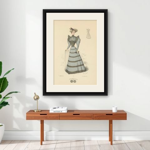 Elegant Fashions of 1889: Lithographs by L. Michau and M. de Solar, shown framed on a wall