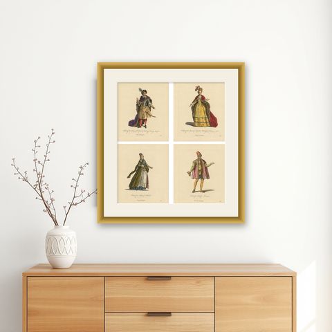 Polish Royal & Noble Costume Engravings, Hand-Colored Set of 4, 1749, shown framed on a wall