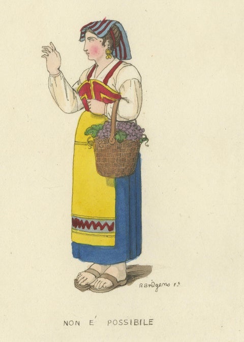 Costume Print: Italian Gestures with Traditional Dress, 1820s Engraving, close-up 2