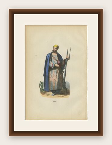 Antique Durrani Afghan Warrior Print, Hand-Colored Costume Lithograph 1852, shown framed