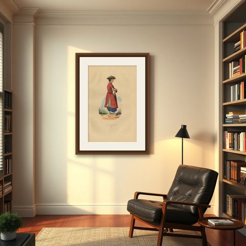 Antique Costume Print of a Young Lady of Cochinchina by Wahlen, 1843, shown framed in a room