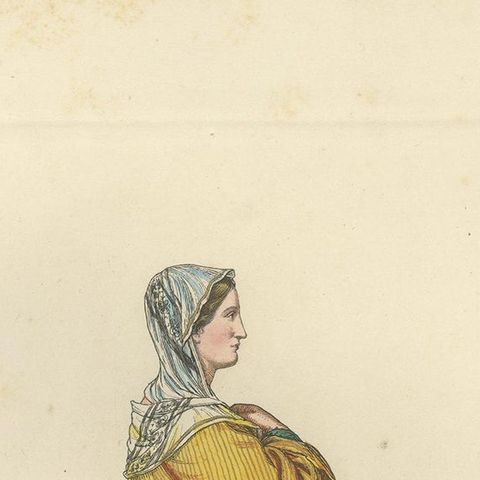 Antique Print of a 14th Century Italian Noblewoman by Bonnard, 1860, close-up 1