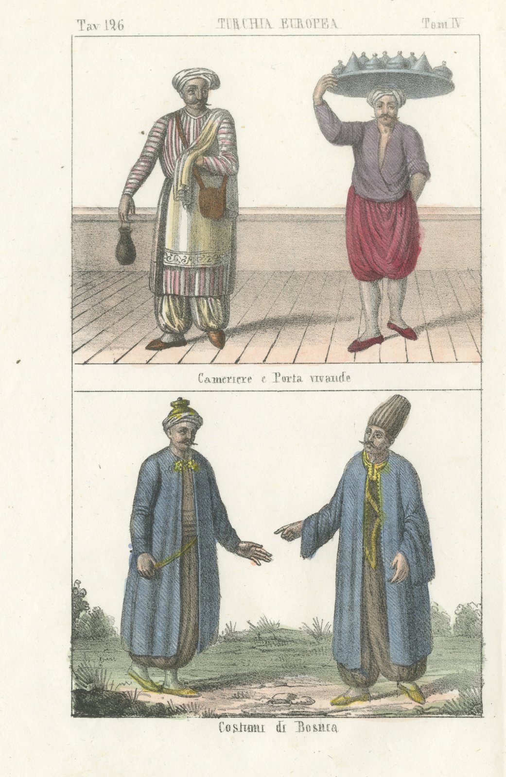 Ottoman Servant, a Food Carrier and Costumes of Bosnia, Lithograph, 1842