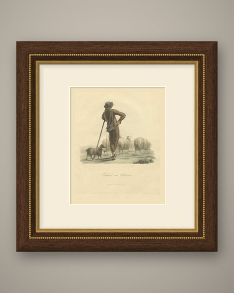 Shepherd near Valenciennes with his Flock, Antique Ackermann Print, 1817, shown framed