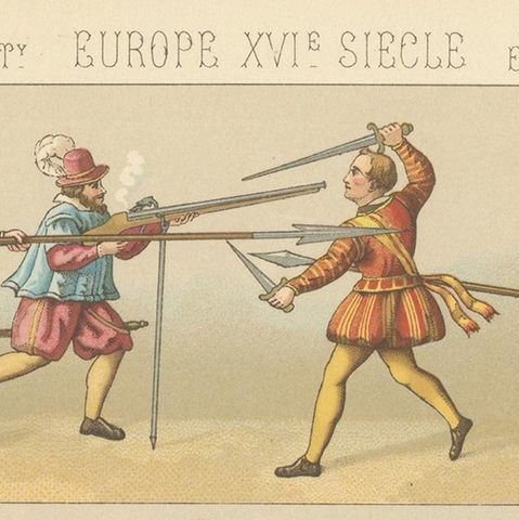 Pl. 66 Antique Print of European XVIth Century Costumes by Racinet 'circa 1880', close-up 1