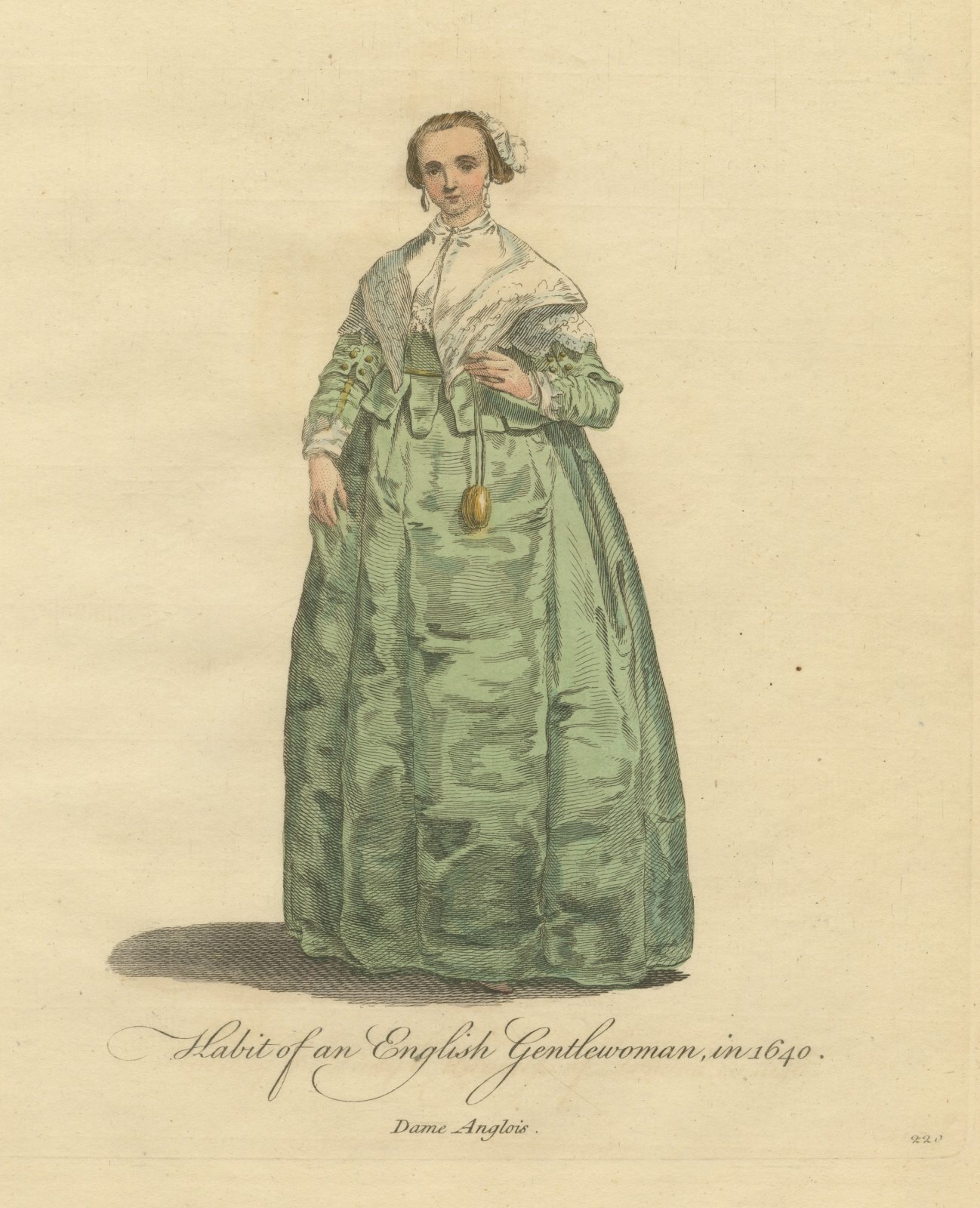 English Gentlewoman in 1640, Green Gown and Lace Kerchief, Jefferys Print, 1757