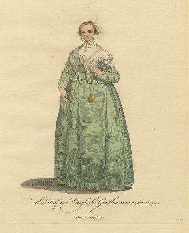 English Gentlewoman in 1640, Green Gown and Lace Kerchief, Jefferys Print, 1757