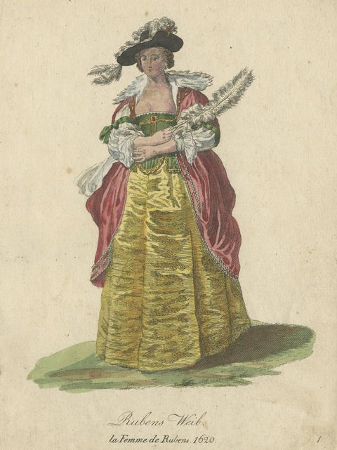 Antique Costume Print of Ruben's Wife in 1620, Published in 1805, close-up 1