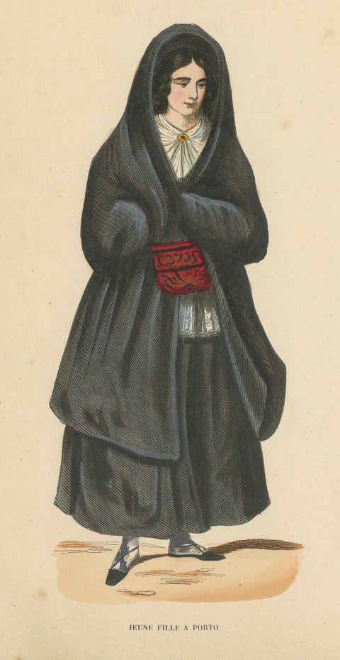 Antique Costume Print of a Young Lady in Porto by Wahlen, 1843, view 4