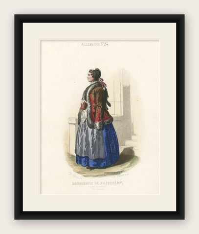 Old Print of a Bourgeoise in Folk Costume from Jászsági, Lower Hungary, 1850, shown framed
