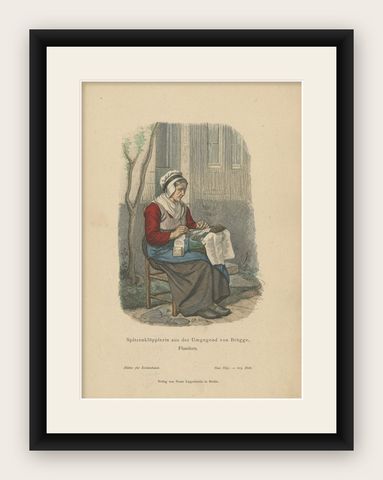 Antique Costume Print of a Lacemaker from Bruges in Belgium, c.1880, shown framed
