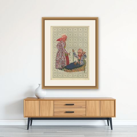 Girl on Hindeloopen Sleigh in Dutch Winter Dress, Hand-colored Lithograph - 1932, shown framed on a wall