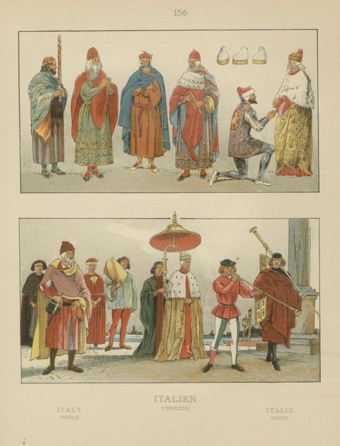 Venice 16th-Century Costumes, Doge and Nobility, Antique Wasmuth Plate (c.1880), close-up 1