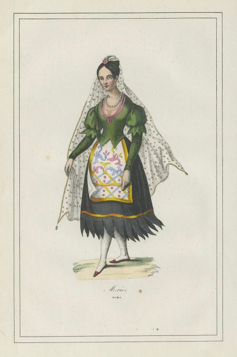 Mexican Woman Costume Print, Antique Hand-Colored Lithograph, 1854, close-up 5