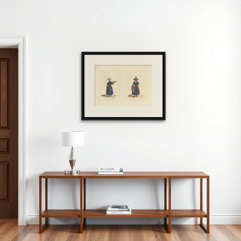 Peruvian Women of Lima, Cheese Seller and Regional Costume, Original 1841, shown framed on a wall