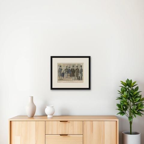 Hand-Colored Antique Fashion Print, Published in October, 1874, shown framed on a wall